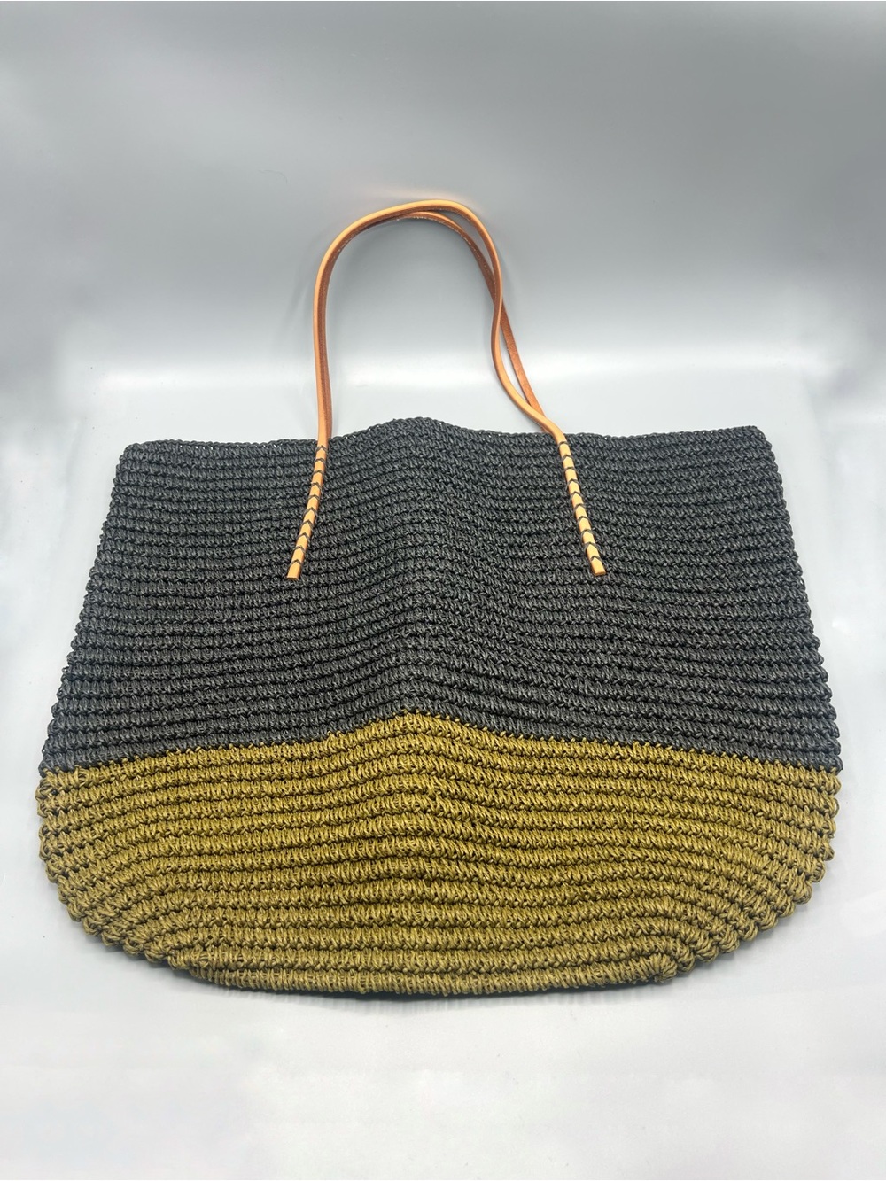 Merona Woven Straw Tote Bag Gray Olive Colorblock Faux Leather Shoulder Large